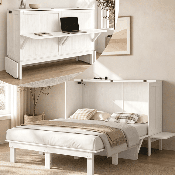 Puremind Queen Murphy Bed with Mattress & Desk, Hideaway Wall Bed with Charging Port, Folding Cabinet Bed for Home/Small Space, White