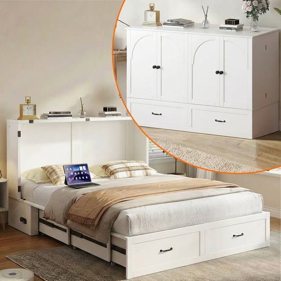 Puremind Murphy Bed Queen with Mattress, Cabinet Bed with USB Ports and Storage Drawer, Hidden Murphy Bed for Home/Small Space, White