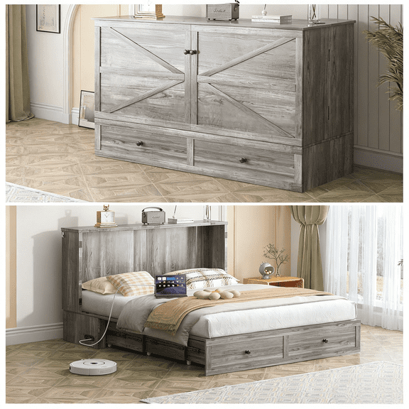 Puremind Queen Size Murphy Bed with Mattress, Murphy Cube Cabinet Bed with USB Charging Station and Large Storage Drawer, Murphy Chest Bed for Guest Room/Home/Office, Gray