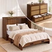 Puremind Queen Size Rattan Murphy Bed with Mattress, Hideaway Cabinet Bed with Charging Port and Storage Drawer for Home/Office, Black Walnut