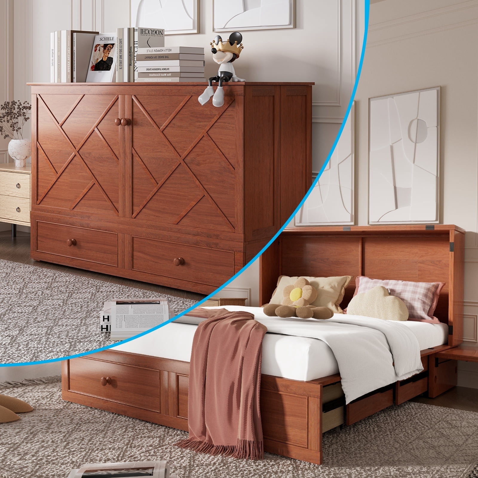 Puremind Queen Size Murphy Bed with Mattress, Murphy Cube Cabinet Bed with USB Charging Station and Large Storage Drawer, Murphy Chest Bed for Small Guest Room/Home/Office, Brown