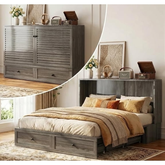 Puremind Queen Size Murphy Bed with Mattress, Murphy Cube Cabinet Bed with USB Charging Station and Storage Drawer, Murphy Chest Bed for Guest Room/Home/Office, Gray