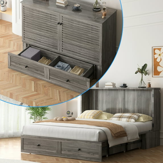 Puremind Queen Size Murphy Bed with Mattress, Murphy Cube Cabinet Bed with USB Charging Station and Storage Drawer, Murphy Chest Bed for Guest Room/Home/Office, Gray