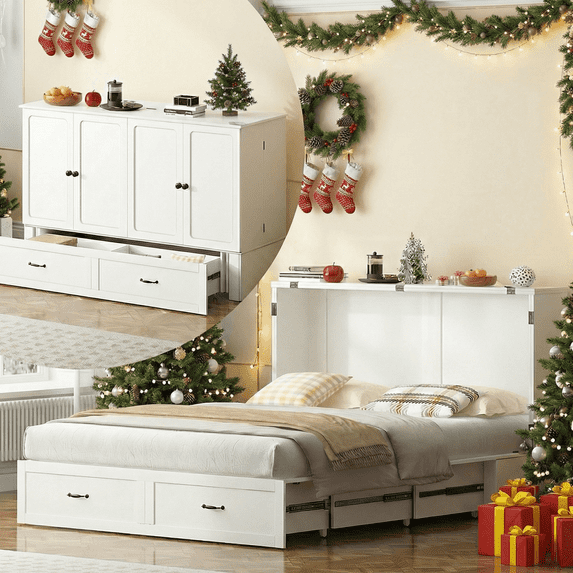 Puremind Queen Size Murphy Bed with Mattress, Murphy Cube Cabinet Bed with USB Charging Station and Storage Drawer, Murphy Chest Bed for Guest Room/Home/Office, White
