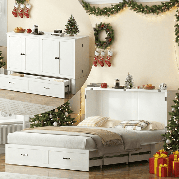Puremind Queen Size Murphy Bed with Mattress, Murphy Cube Cabinet Bed with USB Charging Station and Storage Drawer, Murphy Chest Bed for Guest Room/Home/Office, White