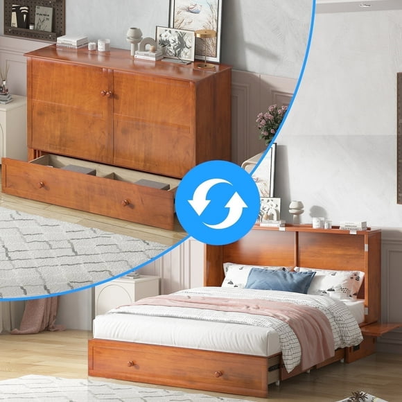 Puremind Queen Size Murphy Bed with Mattress and Charging Station, Cabinet Bed with Storage Drawer, Murphy Bed Furniture for Bedroom/Office/Guest Room, Brown