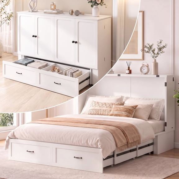 PUREMIND Queen Size Murphy Bed with Mattress Included, Wall Bed with Storage Drawer and Charging Port for Bedroom/Office/Guest Room, White Style 1