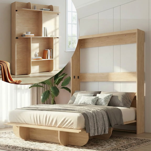 Puremind Queen Size Murphy Bed, Wood Foldable Wall Bed Frame, Storage Cabinet Bed for Bedroom/Office, Space-Saving, No Box Spring Needed, Natural Wood