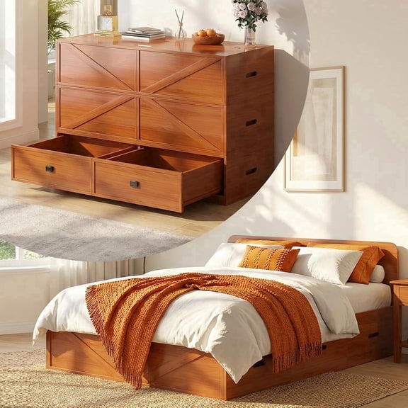 Puremind Queen Size Murphy Bed with Mattress Included, Convertible Wall Bed into Modular Sofa Set for Bedroom/Small Spaces, Brown