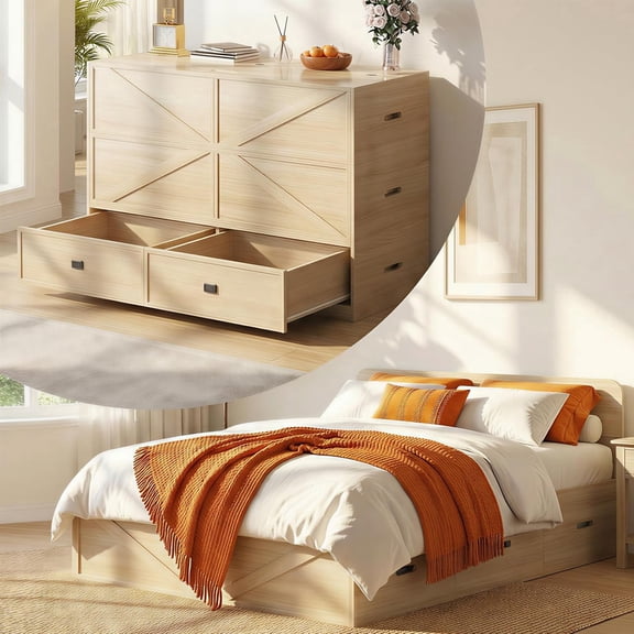 Puremind Queen Size Murphy Bed with Mattress Included, Convertible Wall Bed into Modular Sofa Set for Bedroom/Small Spaces, Natural Wood