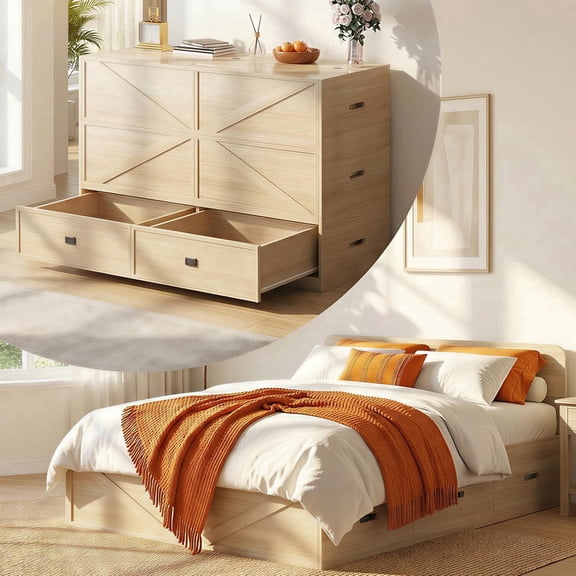 Puremind Queen Size Murphy Bed with Mattress Included, Convertible Wall Bed into Modular Sofa Set for Bedroom/Small Spaces, Natural Wood