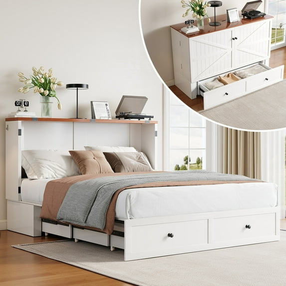 Puremind Queen Size Murphy Bed with Mattress, Murphy Cabinet Bed with Storage Drawer and Charging Ports for Bedroom/Office/Guest Room, White