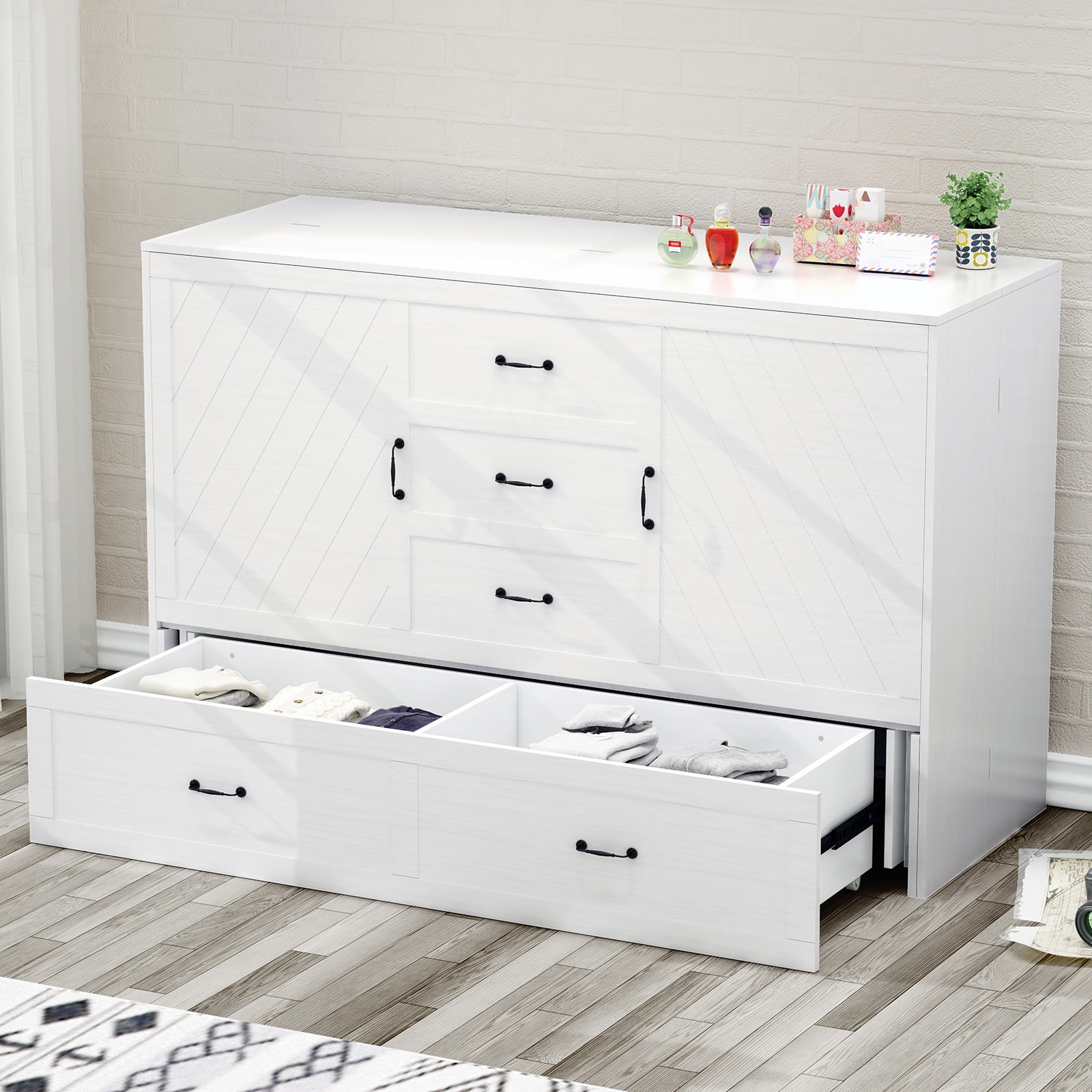 Puremind Queen Size Murphy Bed with Mattress, Murphy Cube Cabinet Bed with Drawer and Charging Station for Bedroom/Office/Guest Room, White
