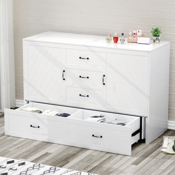 Puremind Queen Size Murphy Bed with Mattress, Murphy Cube Cabinet Bed with Drawer and Charging Station for Bedroom/Office/Guest Room, White
