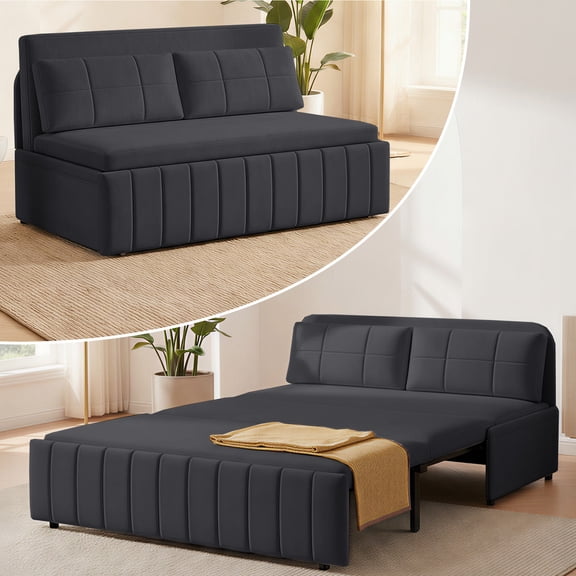 Puremind Queen Size Pull Out Sofa Bed, Convertible Sleeper Sofa with Pull Out Bed, Loveseat Couch Bed with Pillows for Living Room/Apartment, Dark Gray