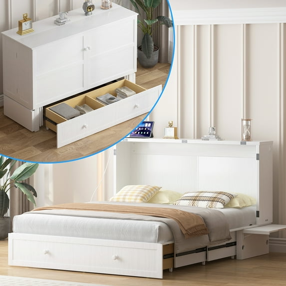 Puremind Queen Size Solid Wood Murphy Bed with Mattress, Murphy Bed Furniture with Charging Station and Storage Drawer for Bedroom/Guest Room, White