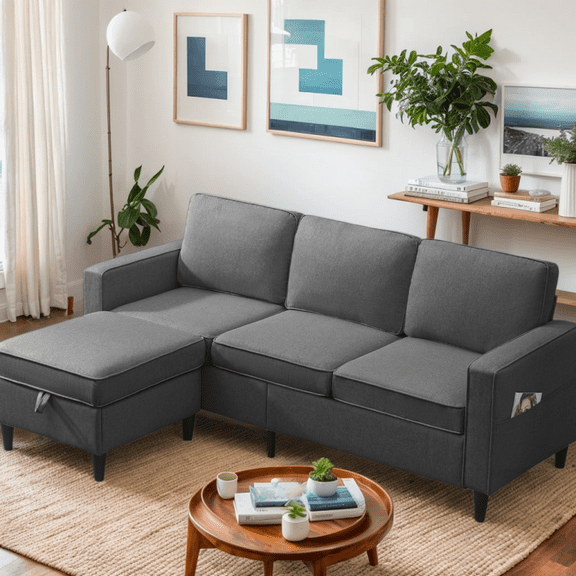 Puremind Sectional Couch for Living Room, 78inch L Shaped Sectional Sofa with Storage Ottoman and Side Pocket, Living Room Furniture Set,Dark Gray