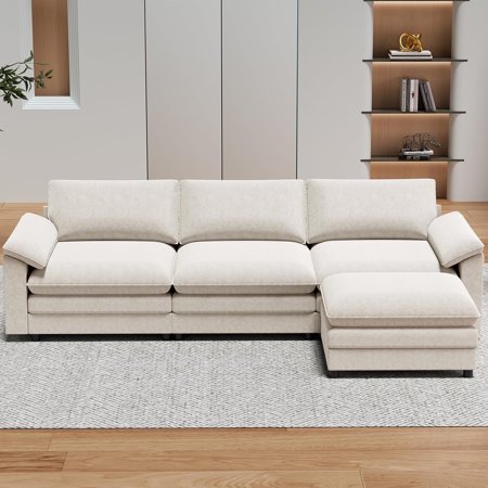 Puremind 117" Convertible Sectional Sofa with Movable Ottoman, L Shaped Couch, Comfy Cloud Couch, 3 Seater Modular Sofa for Living Room/Apartment, Beige
