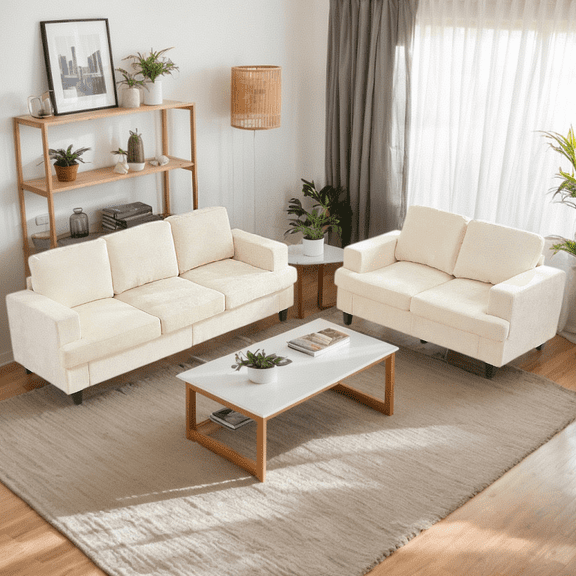Puremind 2 Piece Living Room Sofa Set, Chenille 3 Seat Sofa and Loveseat Sets, Modern Sectional Couch Sets for Living Room/Apartment/Office, Beige