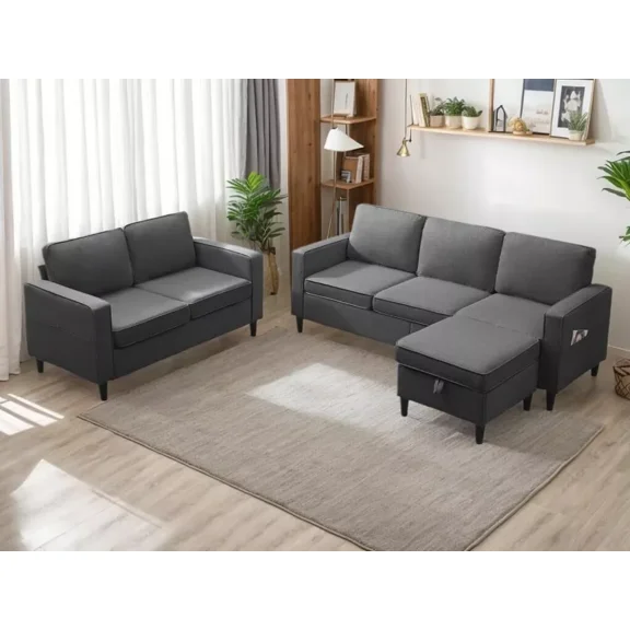 Puremind 2 Piece Sofa Set for Living Room, Linen Fabric Sofa and Loveseat Set, L Shape Sectional Couch Set with Storage Ottoman for Apartment/Small Space, Dark Gray