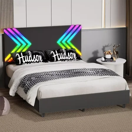 Puremind Twin Size Platform Bed Frame, Gaming Bed Frame, RGB LED Gaming Bed with PVC Upholstered Headboard, Style 1