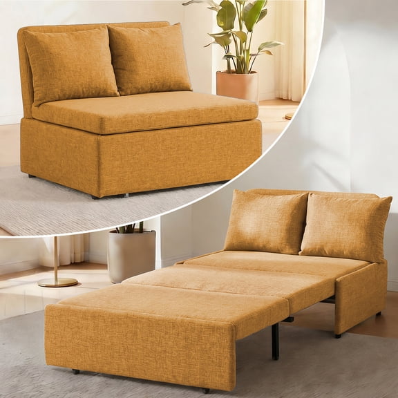 Puremind Twin Size Pull Out Sofa Bed, Linen Convertible Sleeper Sofa, Loveseat Pull Out Couch Bed for Small Place/Apartment/Office, Yellow