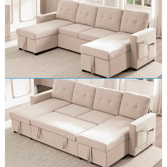 Puremind U Shaped Sectional Sleeper Sofa Bed, 2 in 1 Pull out Couch Bed with Double Storage Chaise and Side Pocket for Living Room, Beige