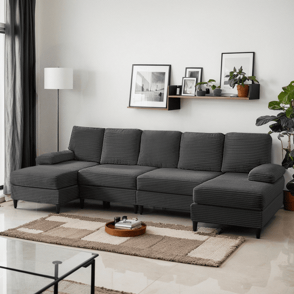 Puremind U-Shaped Sectional Sofa, 112"W Corduroy Couch, 4 Seat Lounge Sleeper Sofa with Double Chaise for Living Room/Apartment, Dark Gray