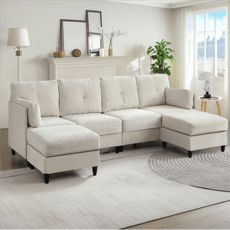 Puremind U Shaped Sectional Sofa, Corduroy Modular Sectional Couch with 2 Movable Ottomans for Living Room/Apartment, Beige
