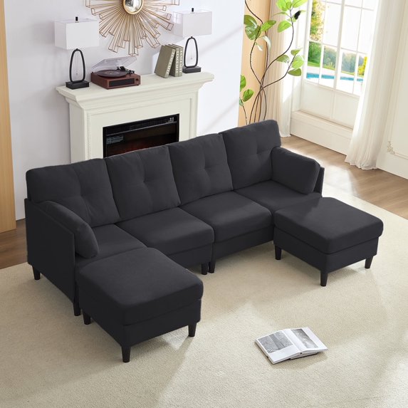 Puremind U Shaped Sofa, Upholstered Sectional Couch with Movable Ottoman, Modern 4 Seat Sofas and Couches for Living room/Apartment, Dark Gray
