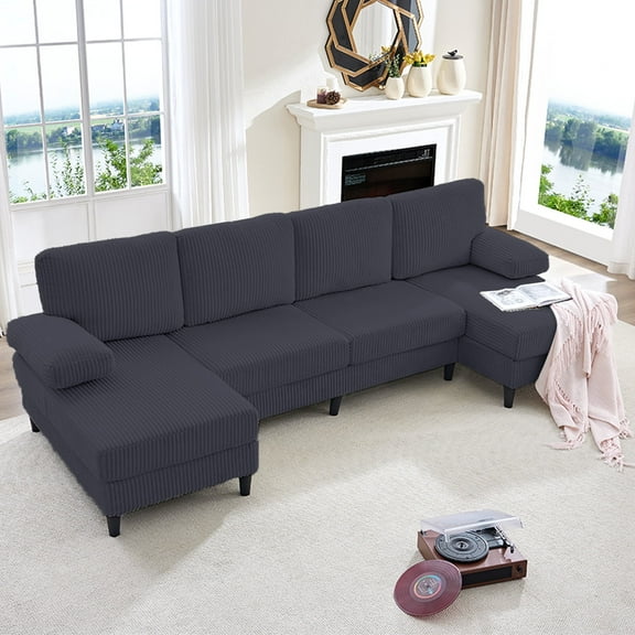 Puremind 110" U Shaped Sofa, Modern Sectional Couch for Living Room/Apartment, Plush Corduroy Sofa, Dark Gray