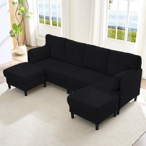 Puremind U Shaped Sofa with 2 Movable Ottomans, Corduroy Modular Sectional Couch for Living Room/Apartment, Black