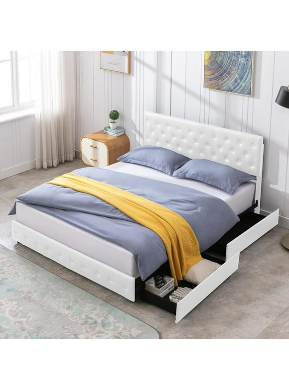 Puremind Upholstered King Platform Bed Frame with 4 Storage Drawers, PU Leather Modern Bed Frame with Adjustable Headboard, Button Tufted Design/No Box Spring Needed/Easy Assembly (White)