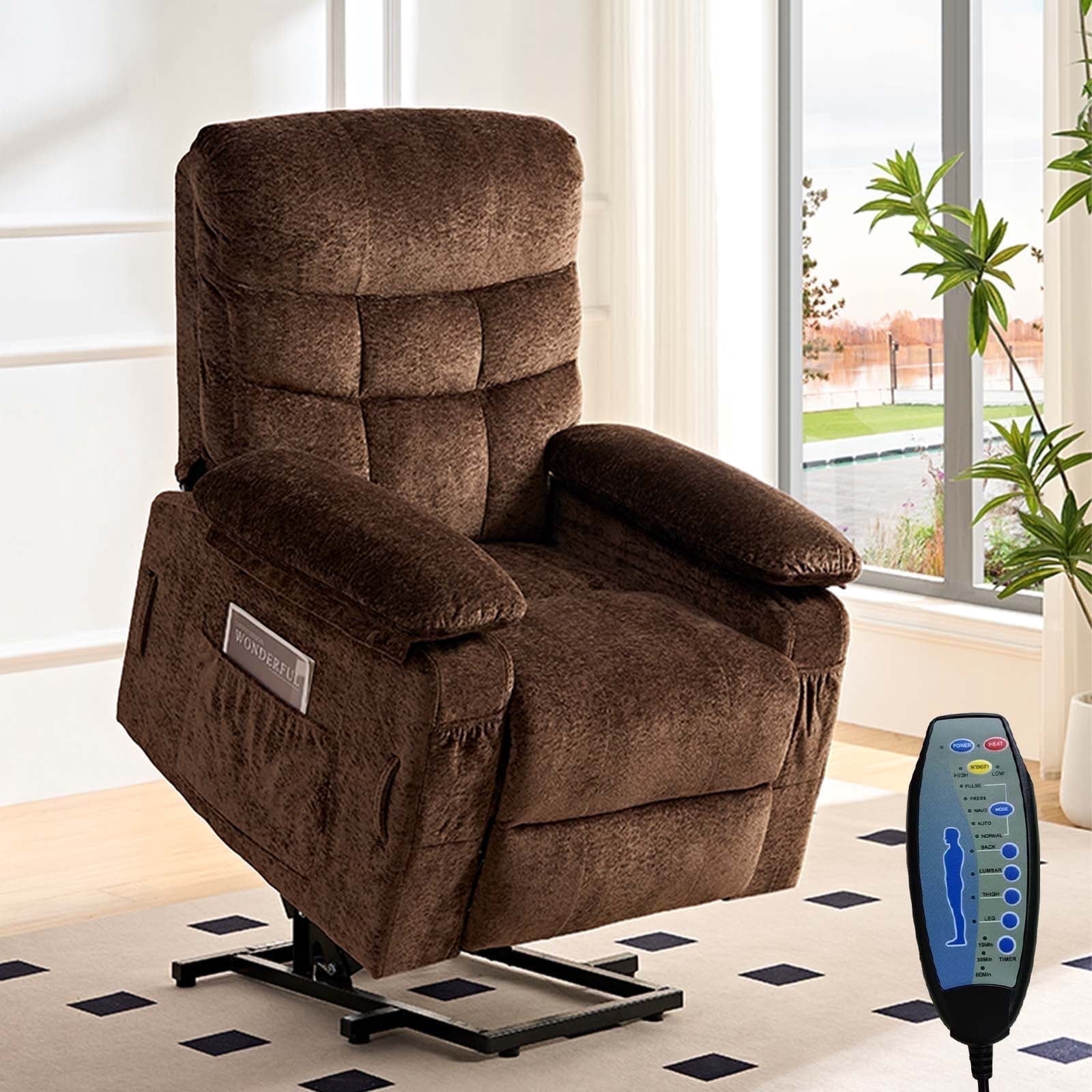 Puremind Dual Motor Power Lift Recliner Chair for Elderly, Electric Lift Recliner Single Sofa with Heating and Message for Living Room/Bedroom, Brown