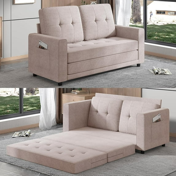 Puremind 3-in-1 Pull Out Sofa Bed,Loveseat Folding Futon Sofa Bed with Side Pockets,Floor Sleeper Sofa Full, Couch Bed for Living Room/Apartment/Office,Beige