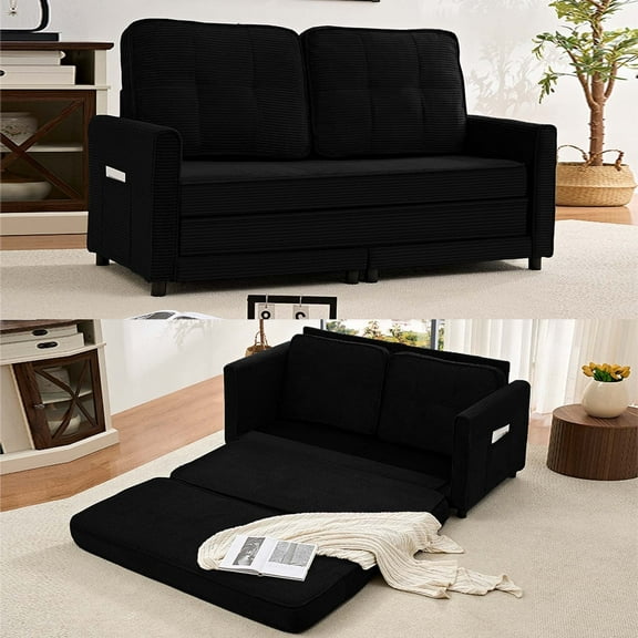 Puremind 63"W Pull Out Sofa Bed, Convertible Futon Sofa Bed, Loveseat Sofa Couch, Sleeper Sofa with Side Pockets for Living Room/Apartment/Office, Black