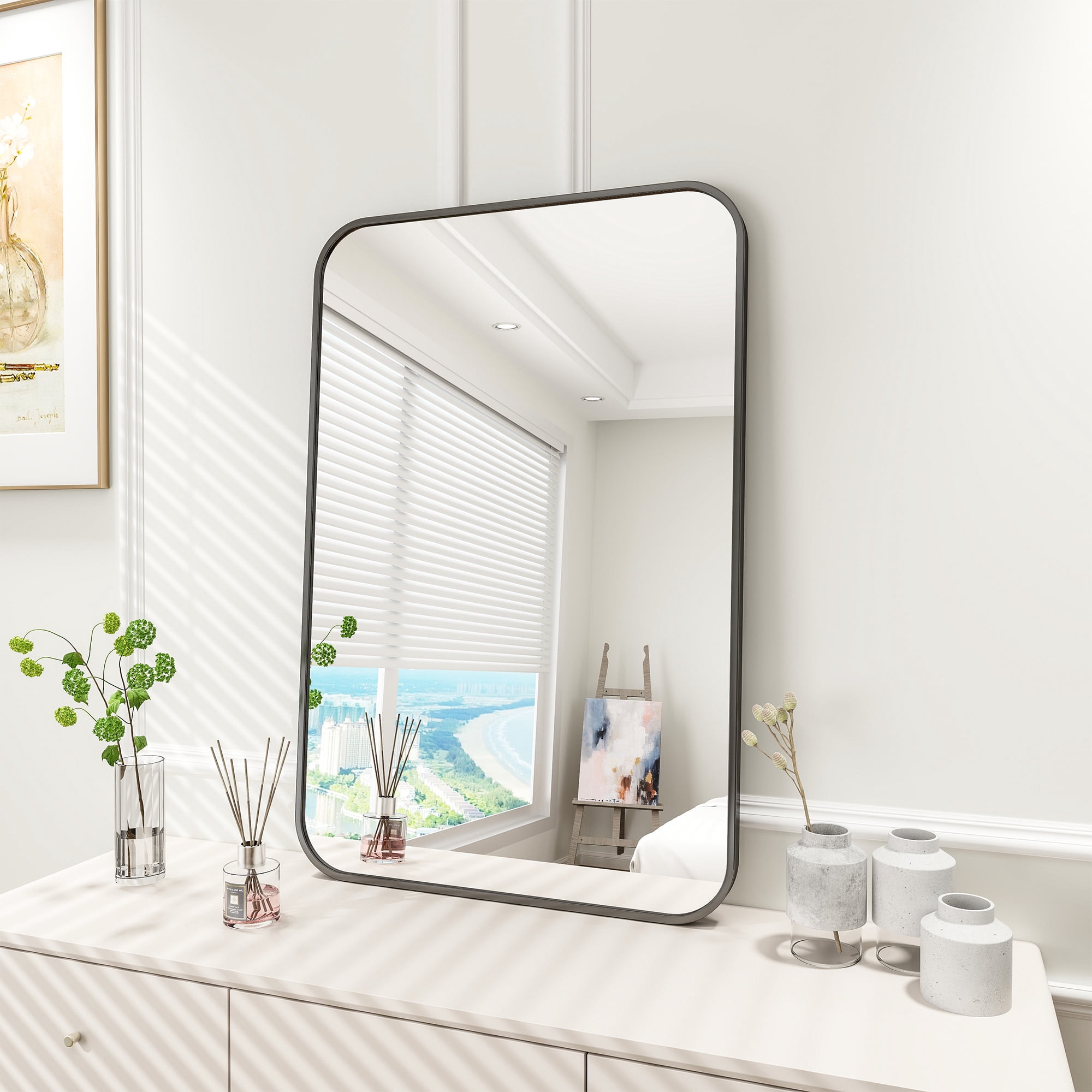 Puremirror 20"x28" Bathroom Mirror Rectangular Wall-Mounted Mirror with Metal Frame, Black