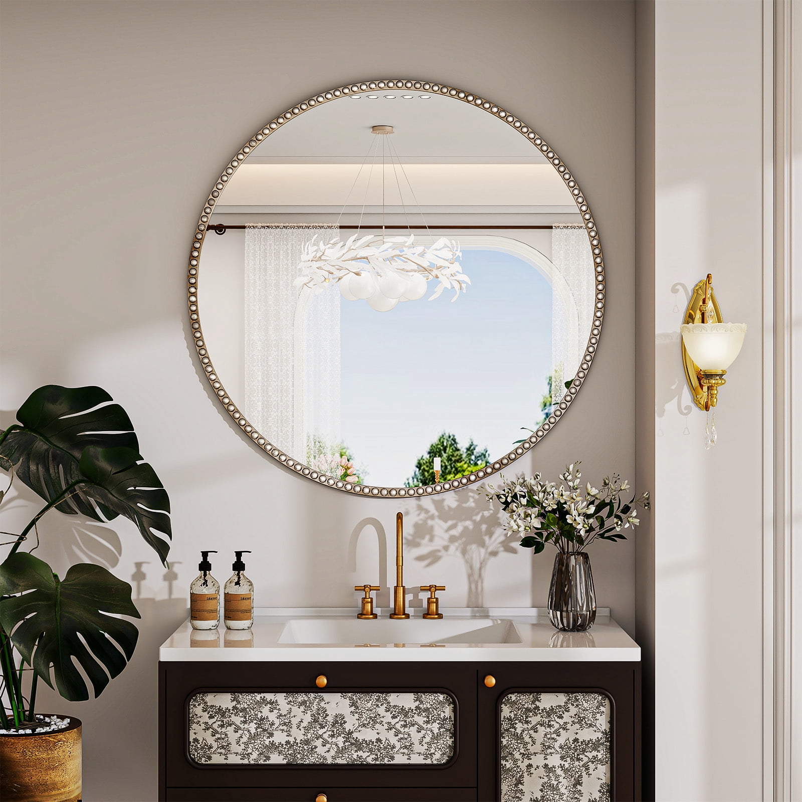 Puremirror 24" Round Bathroom Mirror Decoration Wall Mirror with Beaded Frame, Silver