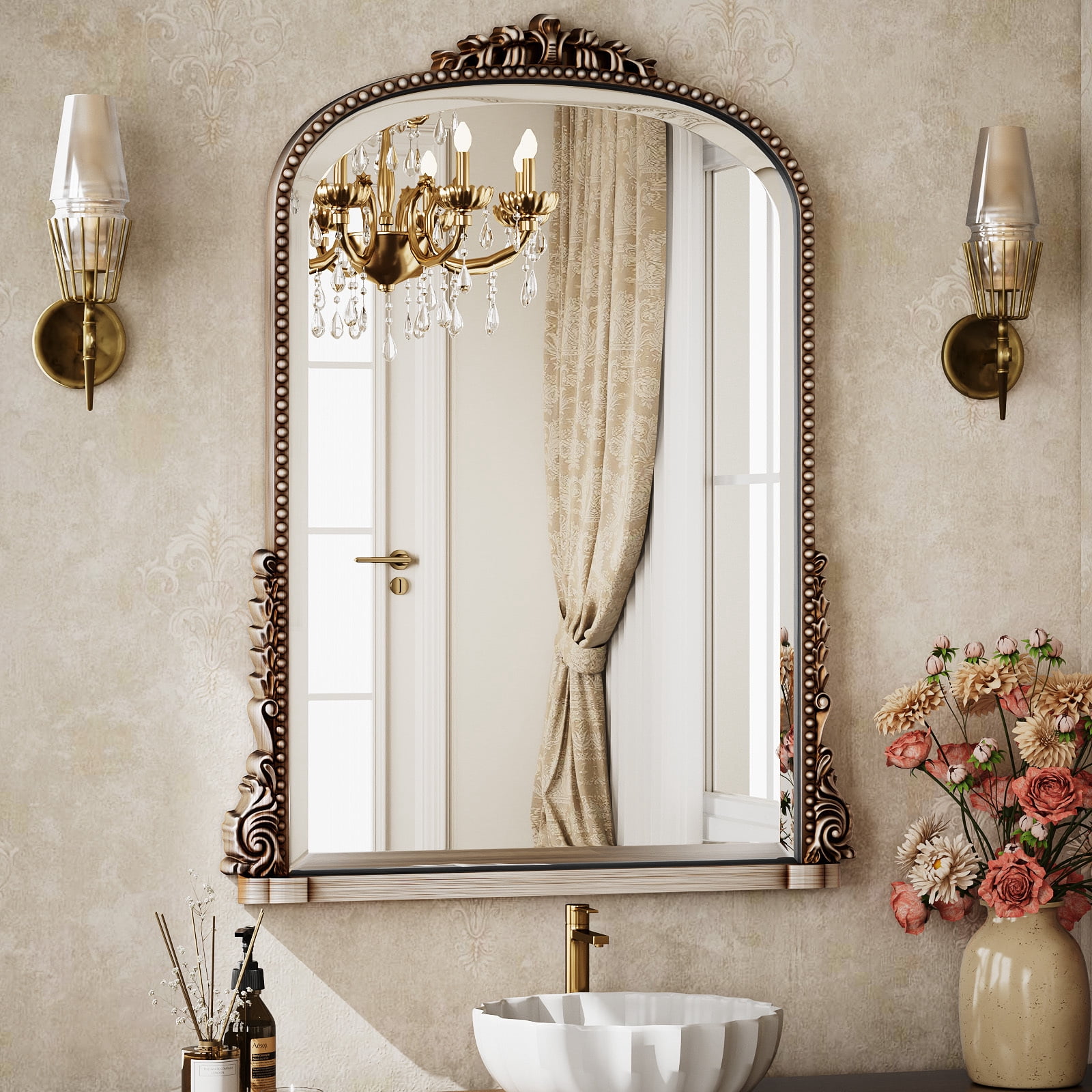 Puremirror 24"x32" Antique Arched Bathroom Mirror Wall Mounted Vintage Mirror, Silver