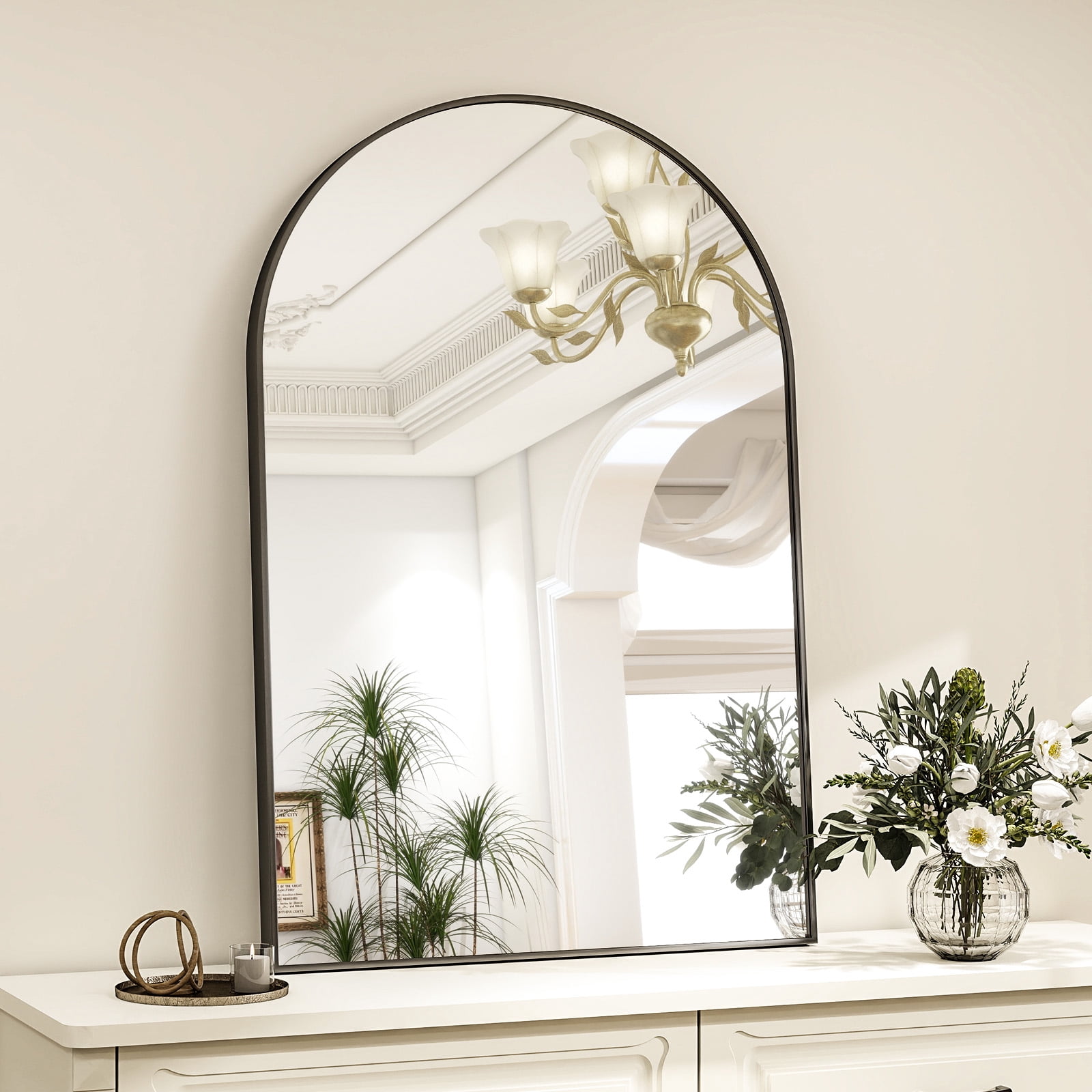 Puremirror 24"x38" Arched Wall Mounted Bathroom Mirror Arched Vanity Mirror, Black