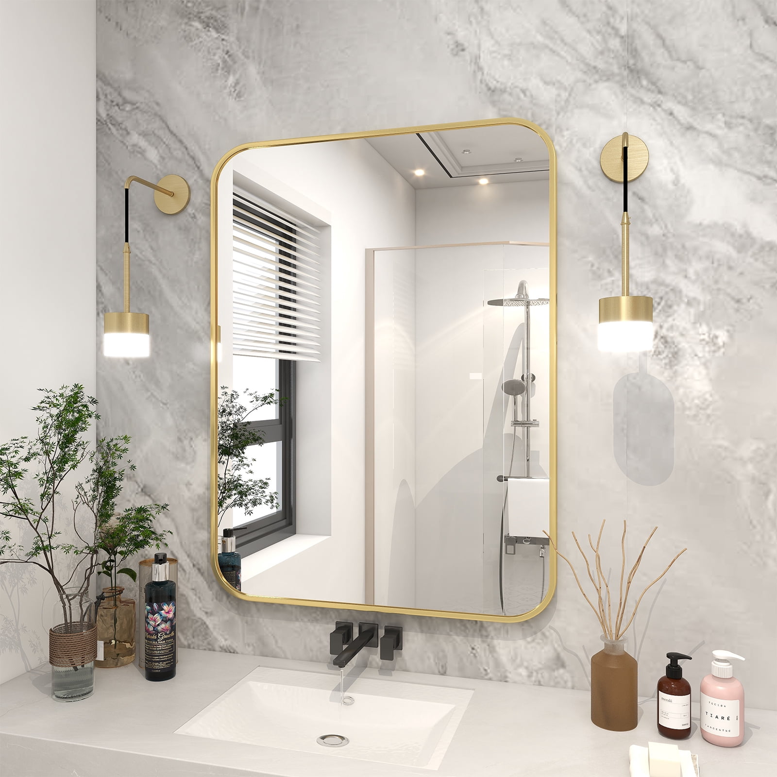 Puremirror 30"x40" Bathroom Mirror Rectangular Wall-Mounted Mirror with Metal Frame, Gold