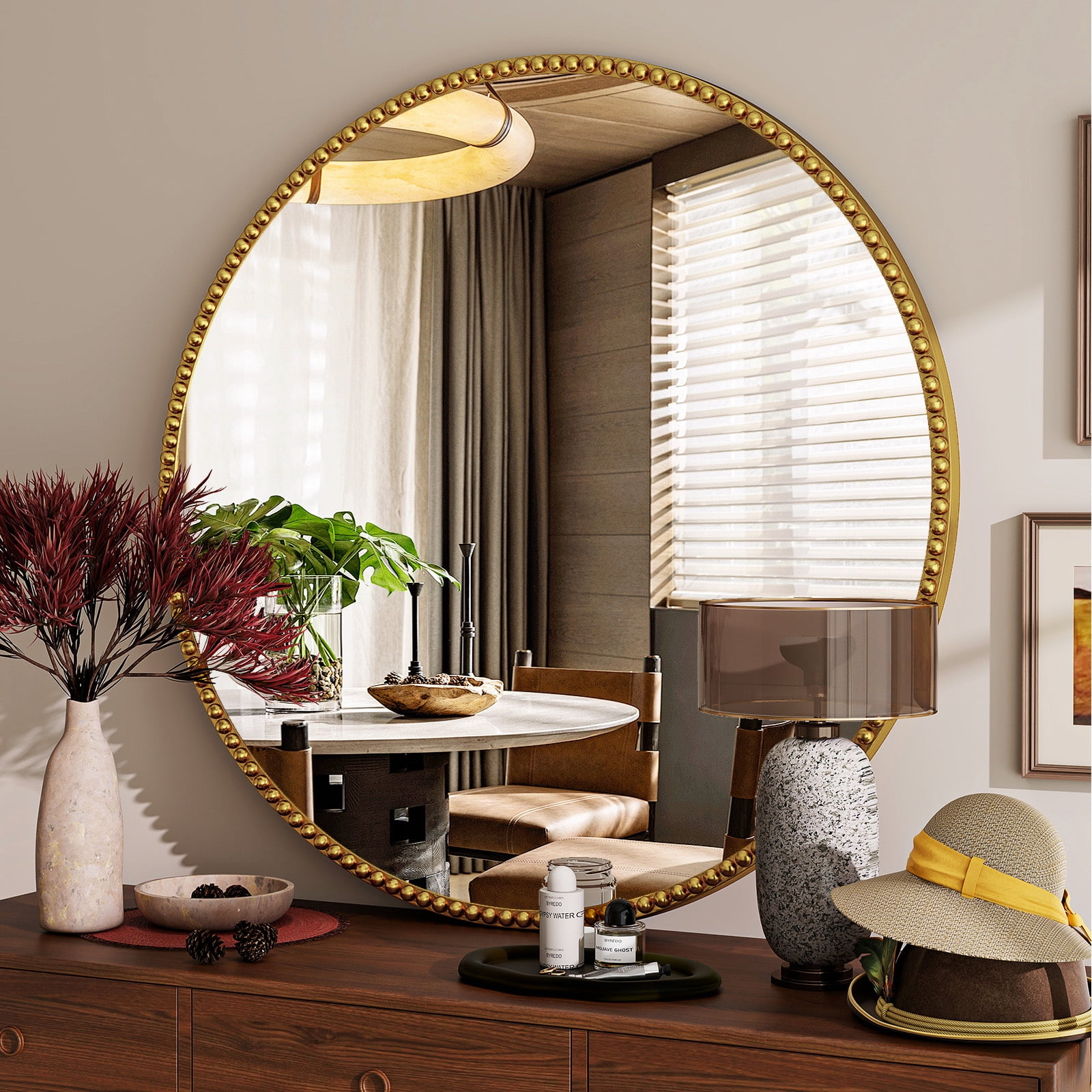 Puremirror 32" Round Bathroom Mirror Decoration Wall Mirror with Beaded Frame, Gold