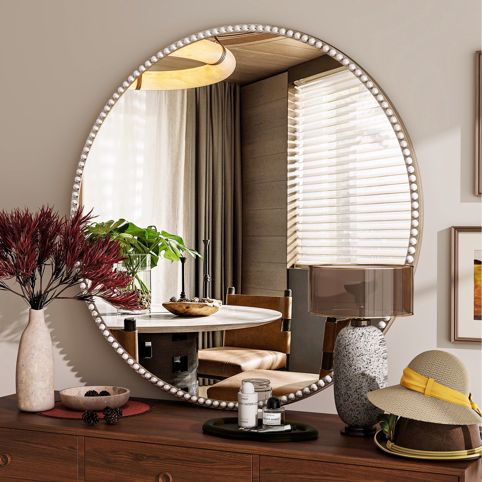 Puremirror 32" Round Bathroom Mirror Decoration Wall Mirror with Beaded Frame, Silver