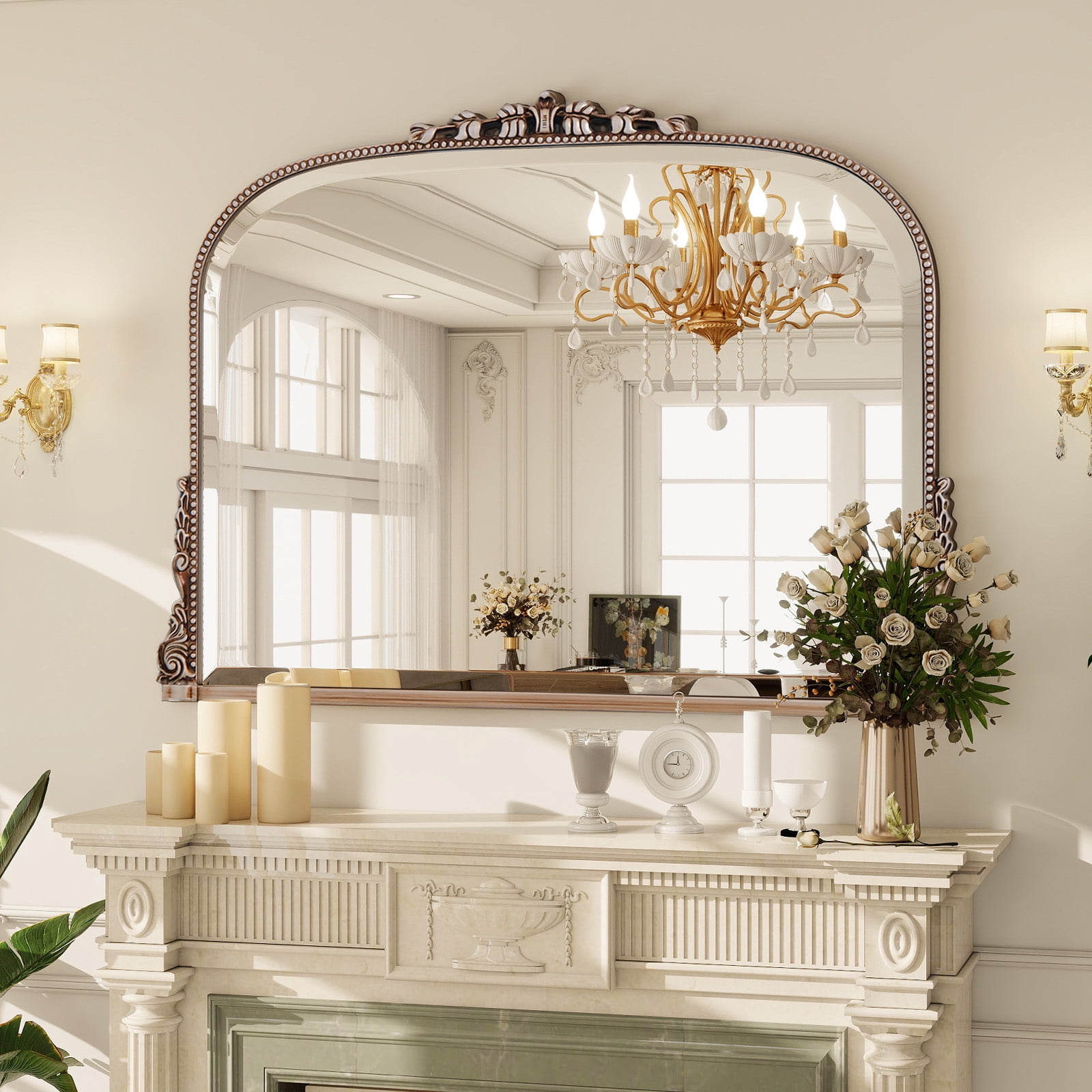 Puremirror 36"x27" Antique Arched Bathroom Mirror Wall Mounted Vintage Mirror, Silver