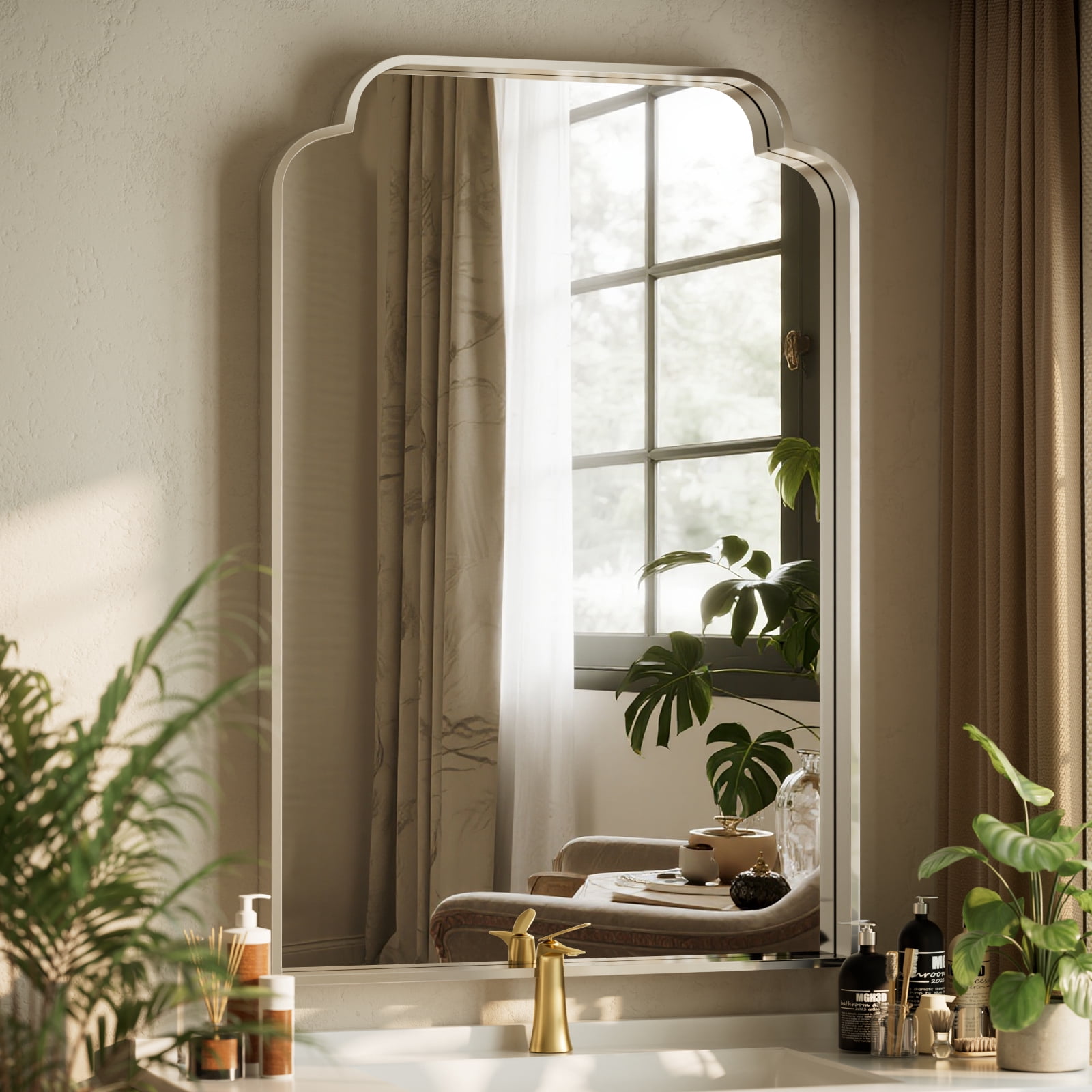 Puremirror 40"x30" Arched Bathroom Mirror Bedroom Vanity Mirror with Deep Frame, Silver