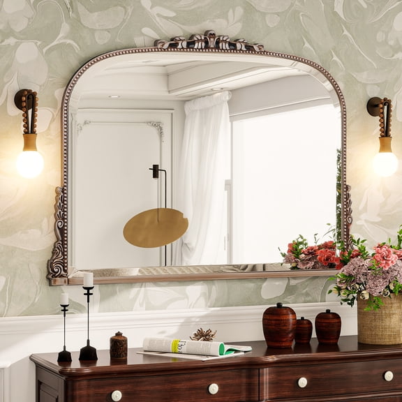 Puremirror 44"x32" Antique Arched Bathroom Mirror Wall Mounted Vintage Mirror, Silver