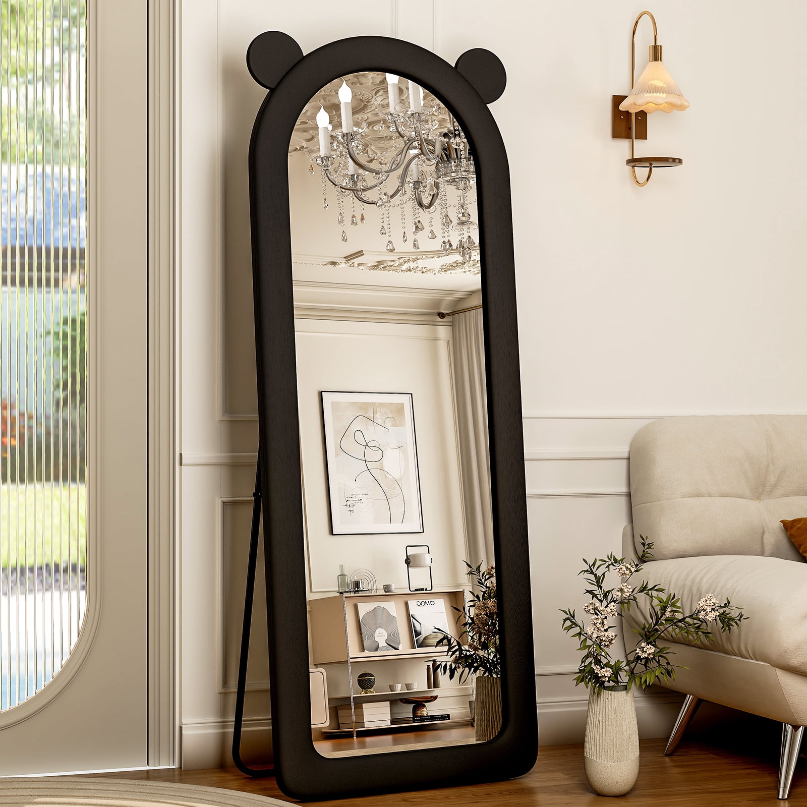 Puremirror 63"x24" Arched Full Length Mirror Standing Floor Mirror with Flannel Frame, Black