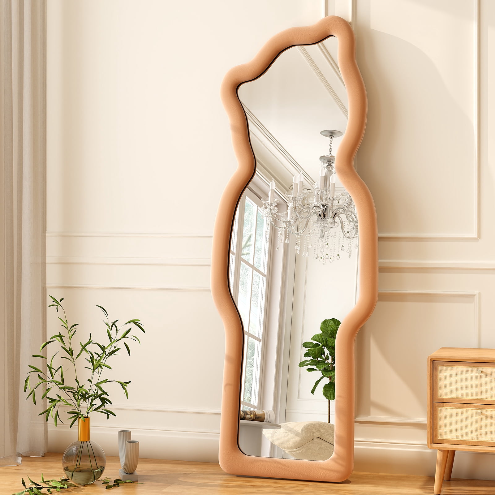 Puremirror 63"x24" Irregular Full Length Mirror Floor Mirror with Flannel Frame, Brown