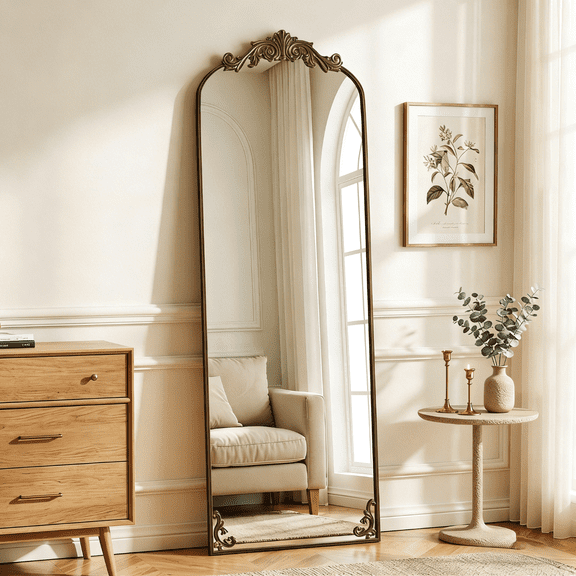 Puremirror 64"x 21" Vintage Arched Full Length Mirror Wall-Mounted Floor Mirror with Metal Frame, Antique Bronze
