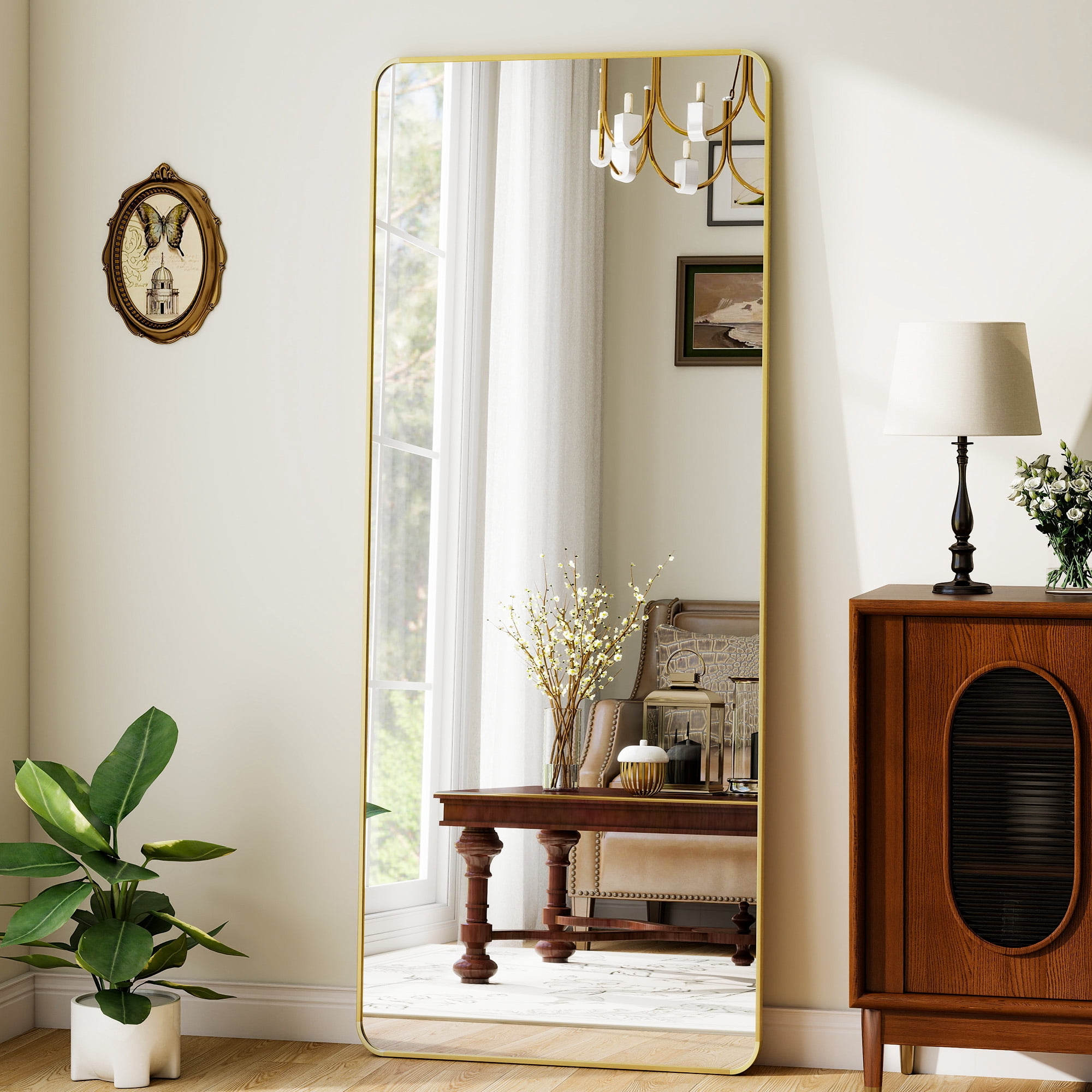Puremirror 65"x24" Rounded Corner Floor Mirror Full Length Mirror with Metal Frame, Gold